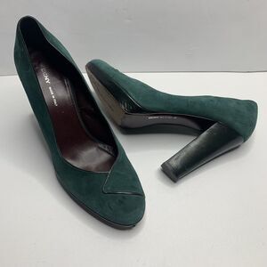 DKNY Size 9.5 Green Leather Suede Platform Heels Shoes Made in Italy